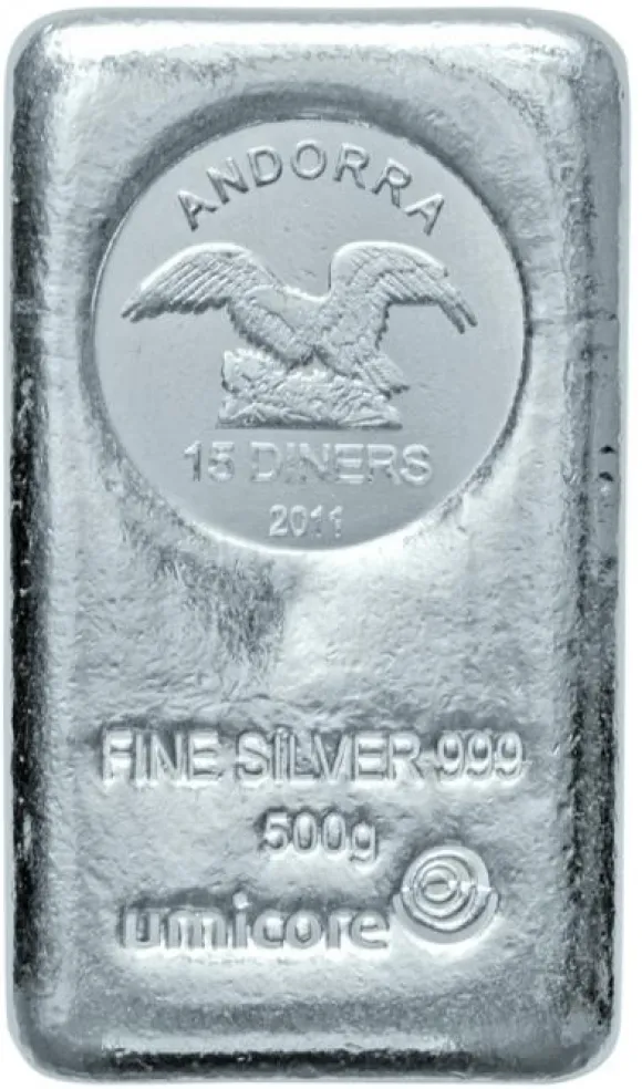 Umicore 500 Gramm Silber Münzbarren Andorra 15 Diners*