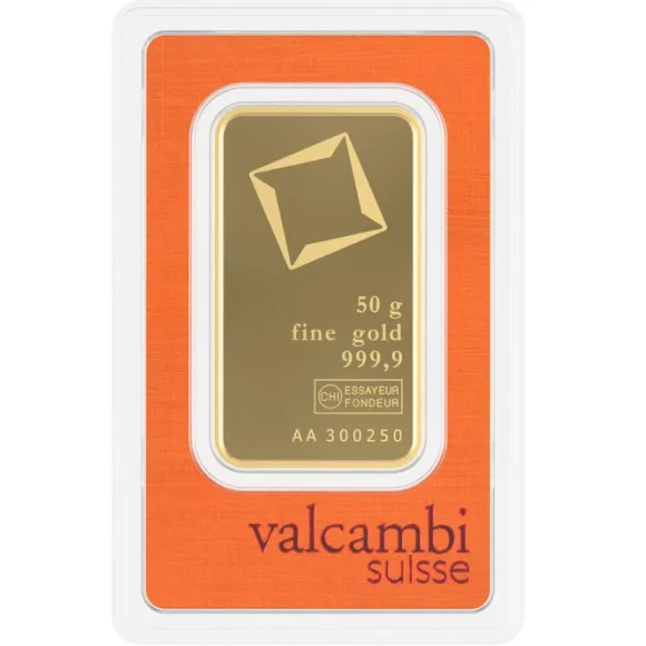 Valcambi 50 Gramm Goldbarren geprägt