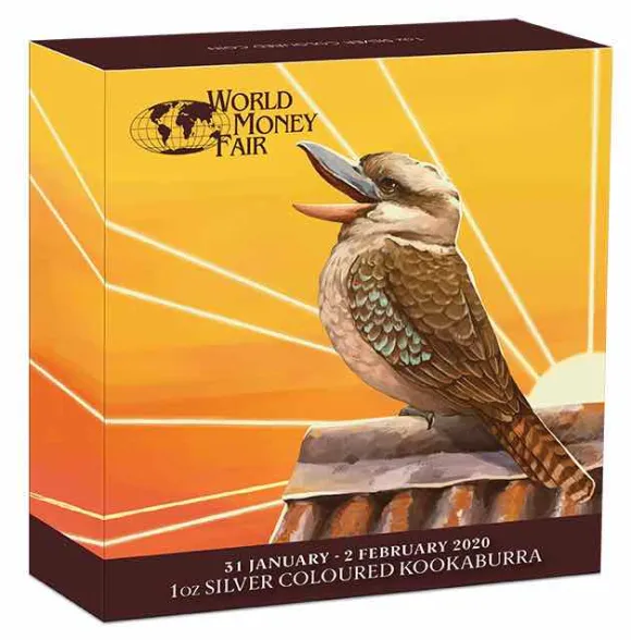 World Money Fair Kookaburra 1 Unze Silber farbig 2020 +Box +COA*